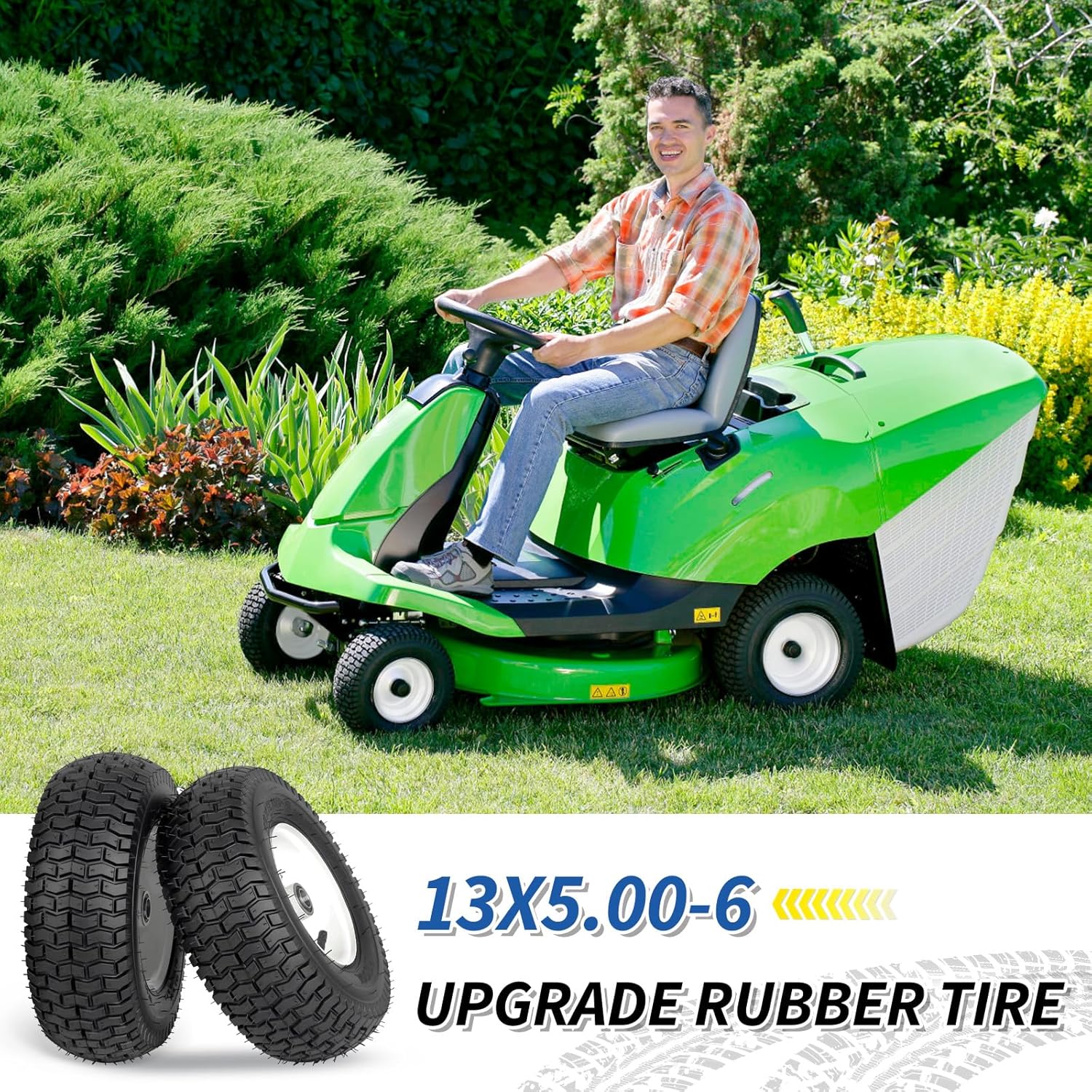 Size 13x5.00-6 Rubber Lawn Mower Tire and Wheel, 2 Pcs Replacement 13x5-6nhs Riding Mowers Lawn Pneumatic Tire with Bearing Bore 3/4 & 5/8, 3 -4.5 Centered Hub